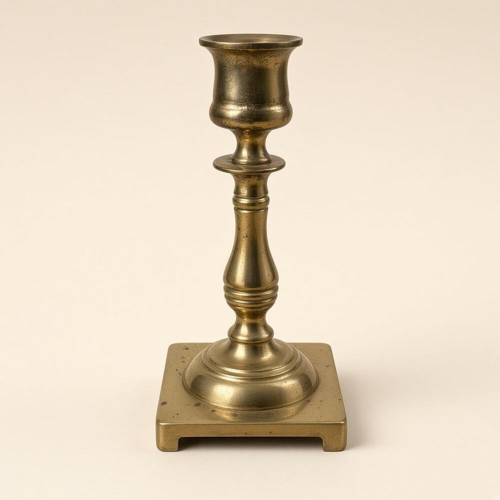Brass Candlestick, Square Base England Stamp, Short Turned Stem, Small Holder